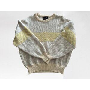 Vintage DEMETRE 100% Wool Knit Sweater Beige & Yellow Geometric Pattern Size XLa